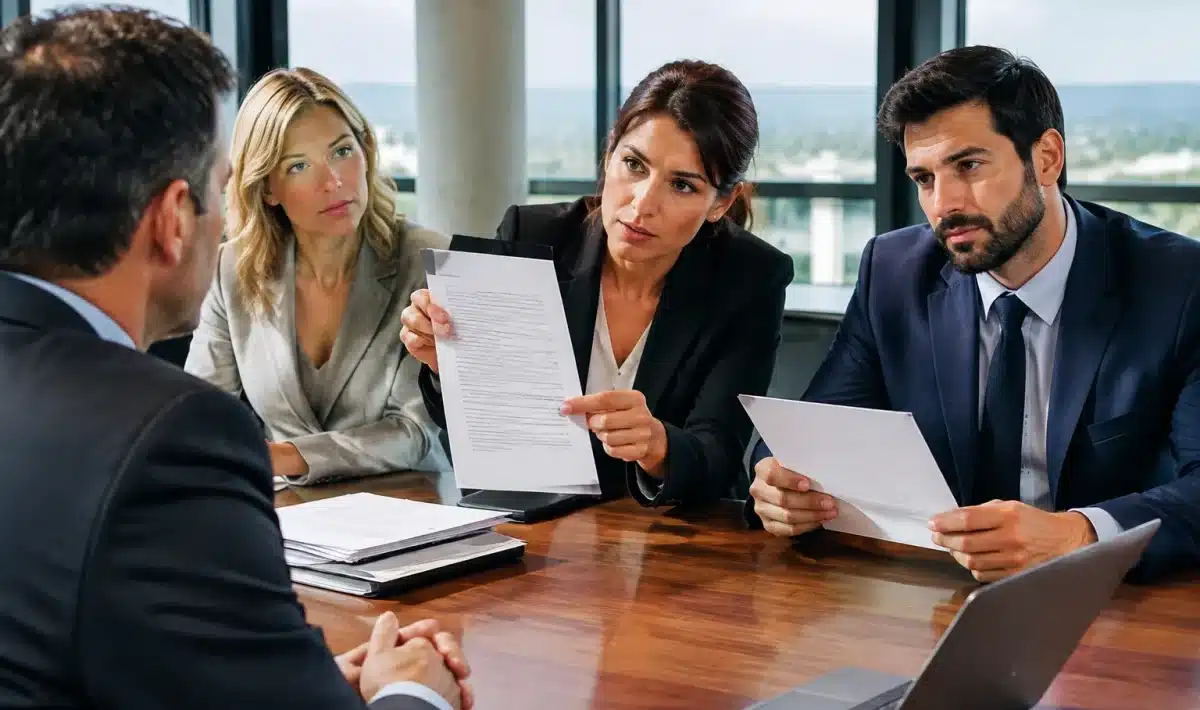 Groupe de personnes assises presentant des documents officiels contre une entreprise