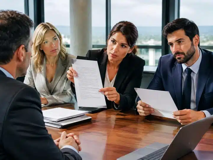 Groupe de personnes assises presentant des documents officiels contre une entreprise
