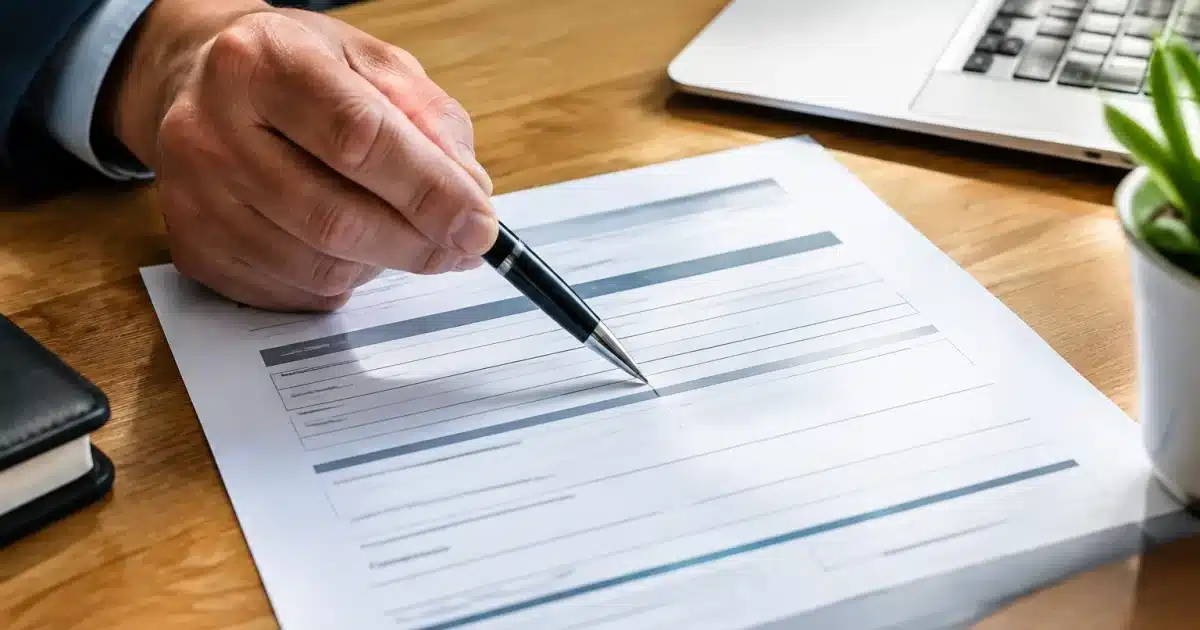 Document administratif pose sur bureau avec stylo pointant ligne manquante
