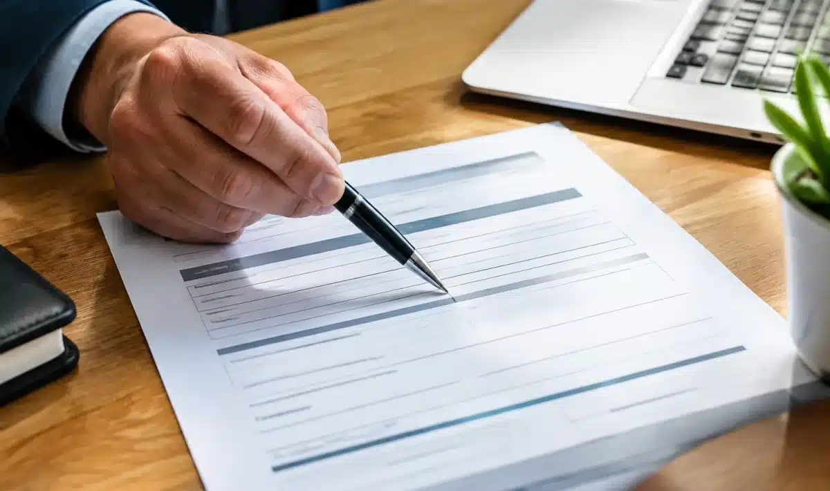 Document administratif pose sur bureau avec stylo pointant ligne manquante