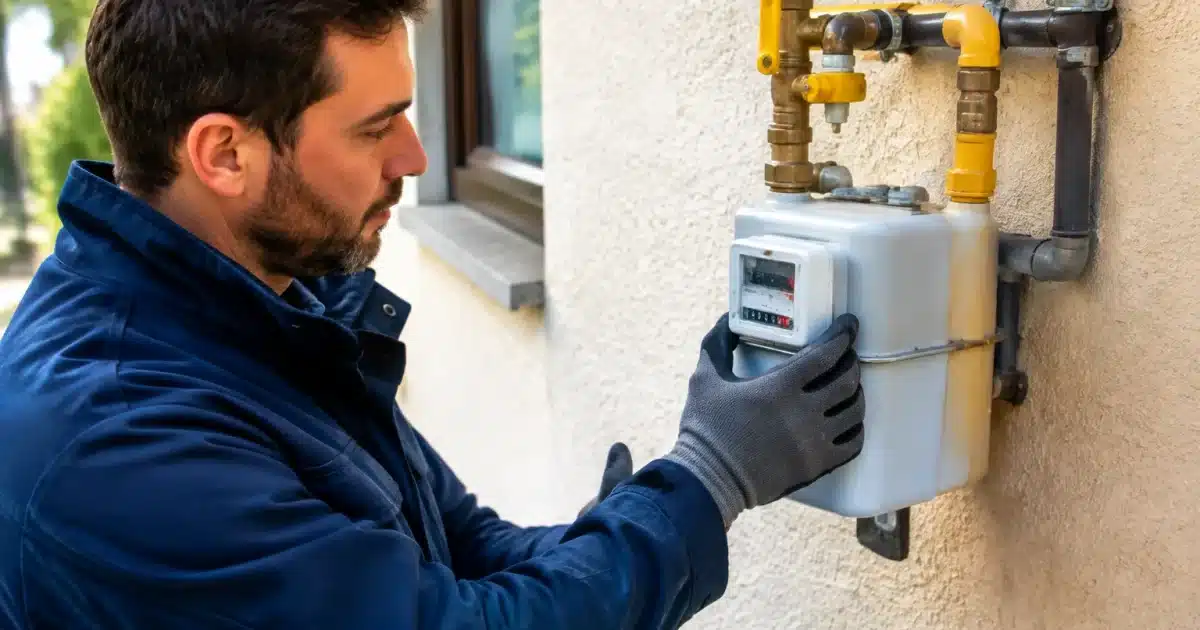Technicien verifies compteur gaz mural avant deadline regionale