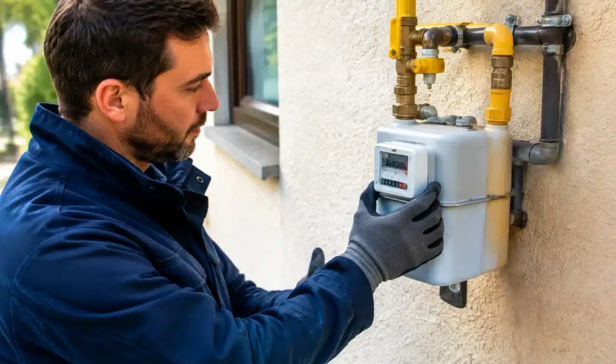 Technicien verifies compteur gaz mural avant deadline regionale