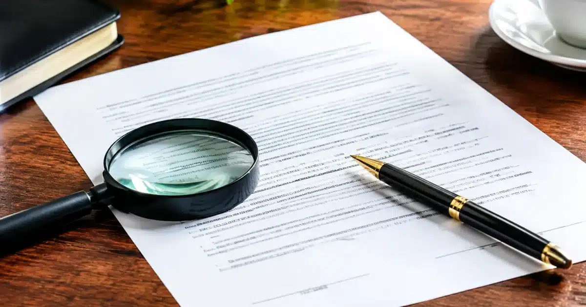 Document contrat posé sur table avec stylo et loupe d'inspection