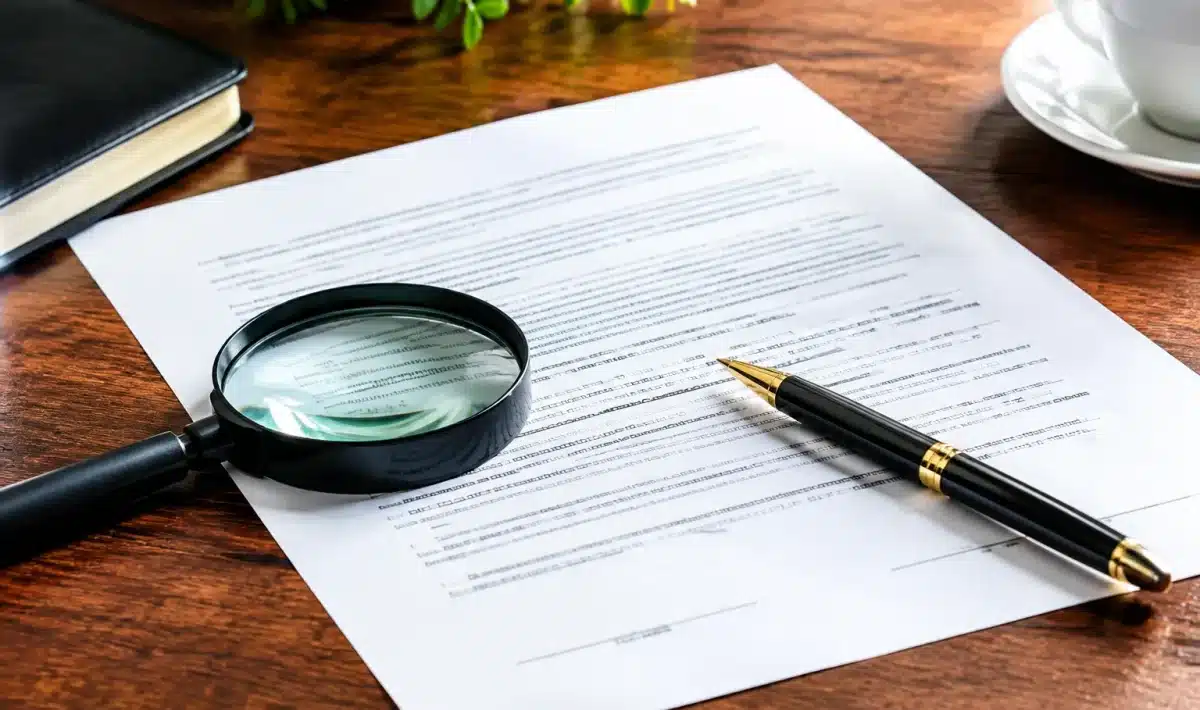 Document contrat posé sur table avec stylo et loupe d'inspection