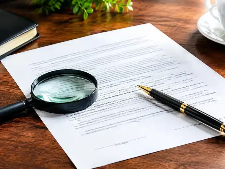 Document contrat posé sur table avec stylo et loupe d'inspection