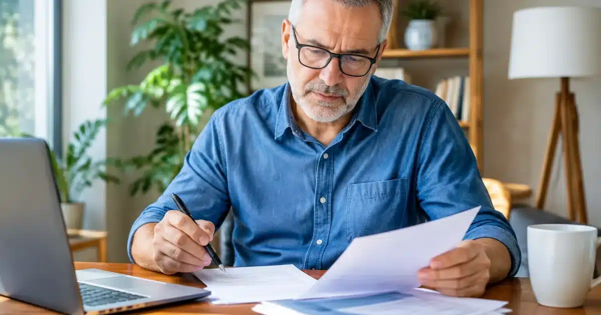Homme assis a bureau verifiant documents retraite avec stylo