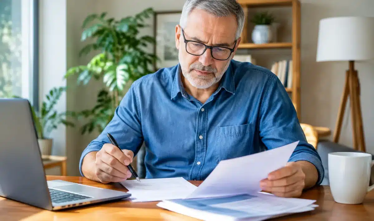 Homme assis a bureau verifiant documents retraite avec stylo