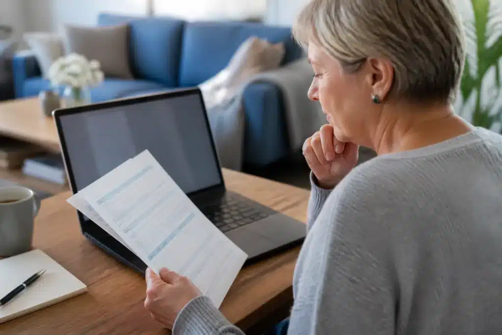 Personne consultant documents retraite avec relevé carrière sur ordinateur portable