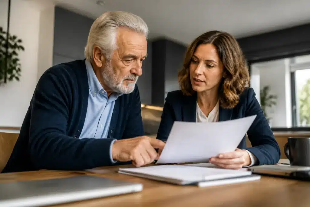 Propriétaire senior et acheteur discutant documents financiers immobiliers