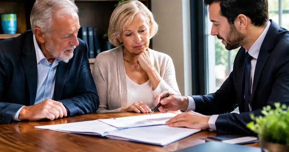 Personne agee assise a table examinant documents immobiliers avec notaire