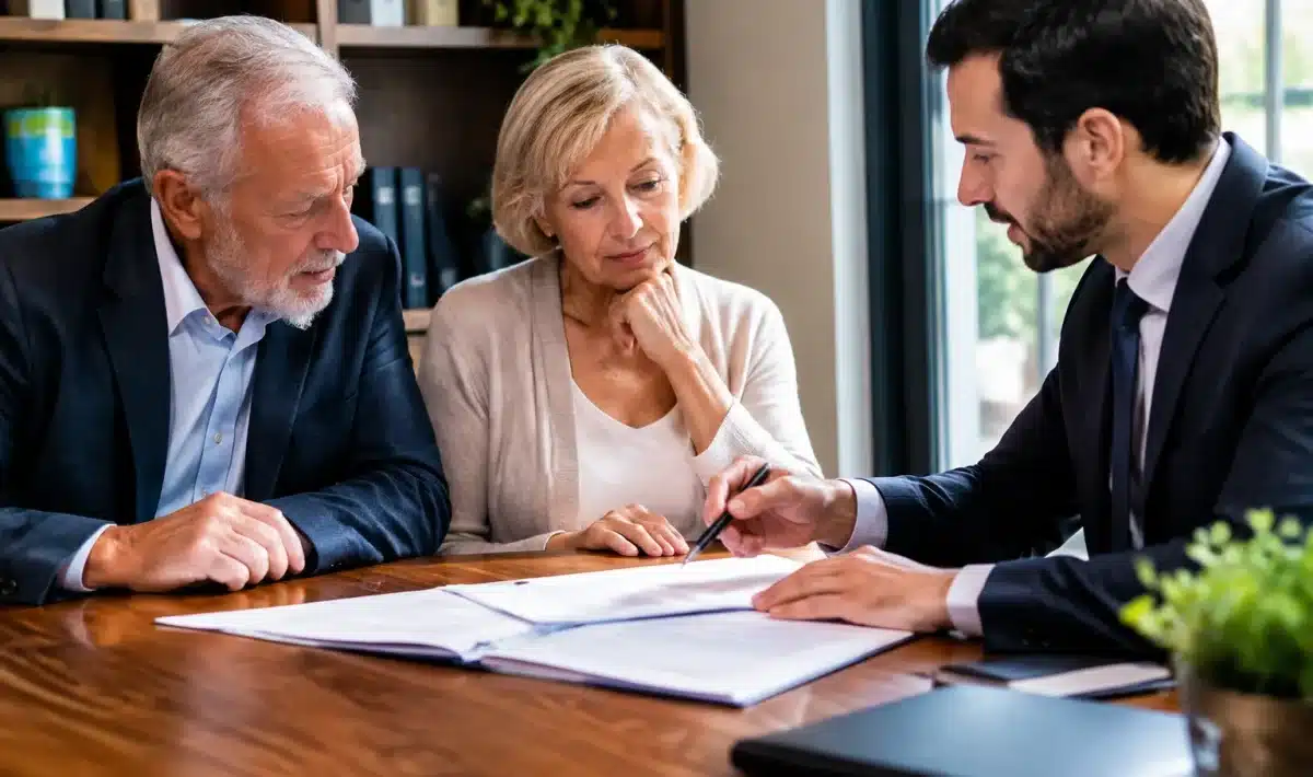 Personne agee assise a table examinant documents immobiliers avec notaire