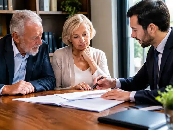 Personne agee assise a table examinant documents immobiliers avec notaire