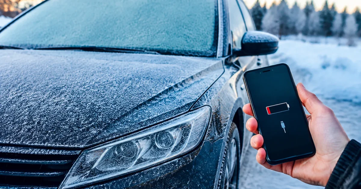 Voiture stationnee recouverte givre affichant batterie faible