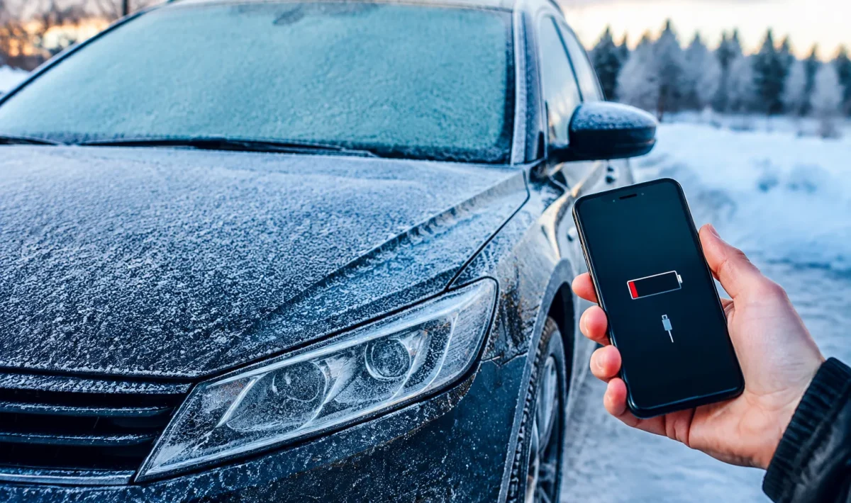 Voiture stationnee recouverte givre affichant batterie faible