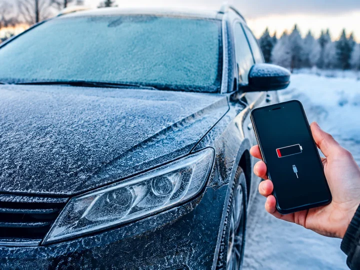 Voiture stationnee recouverte givre affichant batterie faible