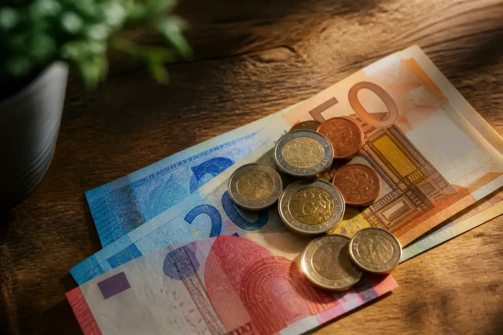 Billets en euros et pieces posees sur table