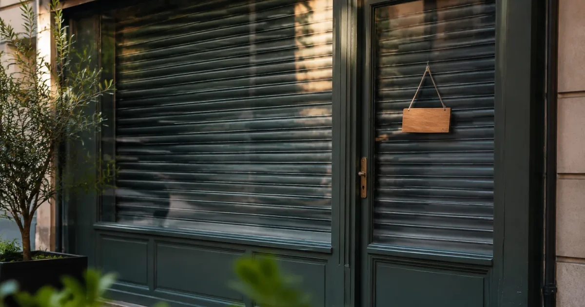 Boutique aux rideaux baissés, panneau fermé sur la porte