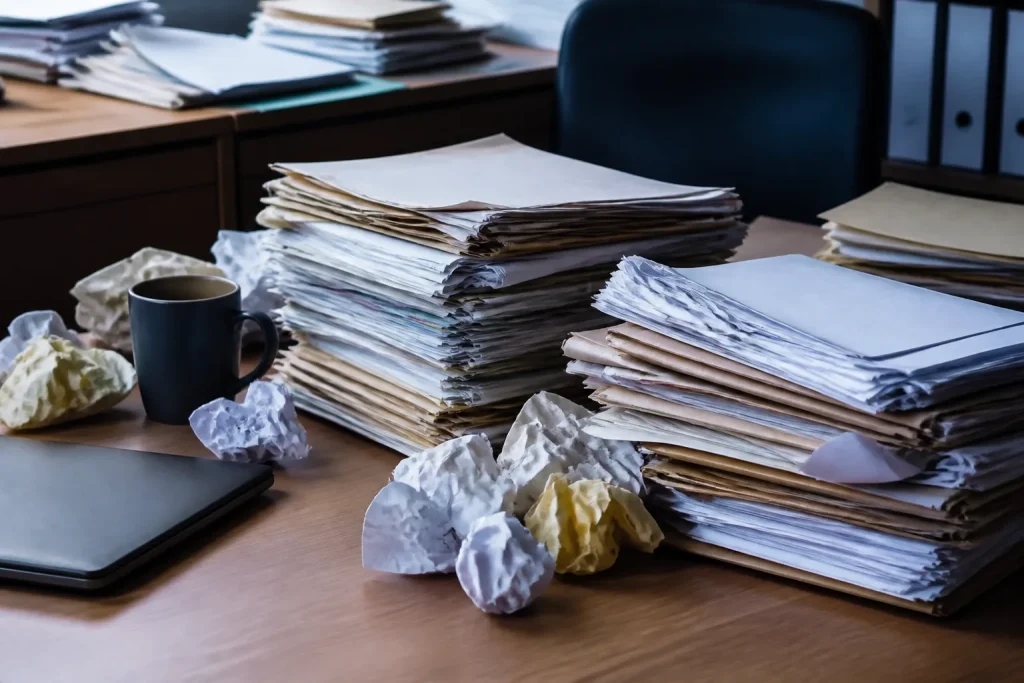 Bureau couvert de dossiers budgetaires froisses