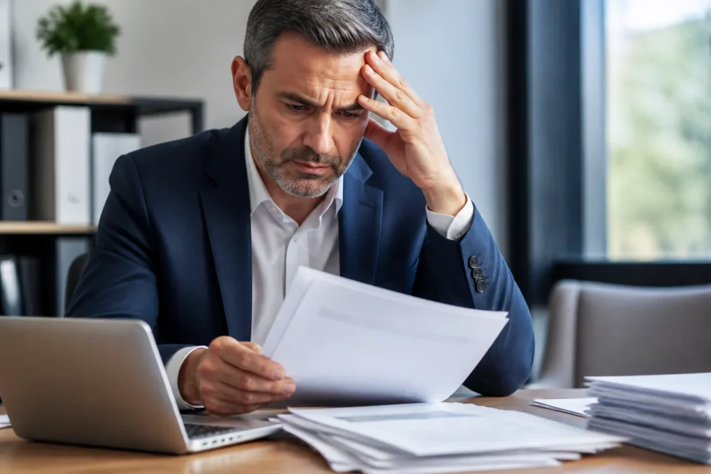 Cadre examine factures impots avec inquietude