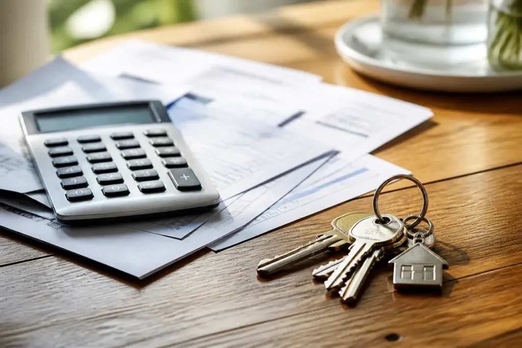 Calculatrice, factures et trousseau de cles sur bureau