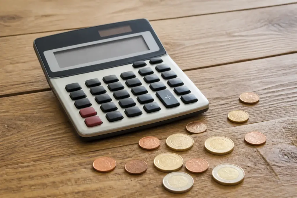 Calculatrice et pieces posees sur un bureau en bois