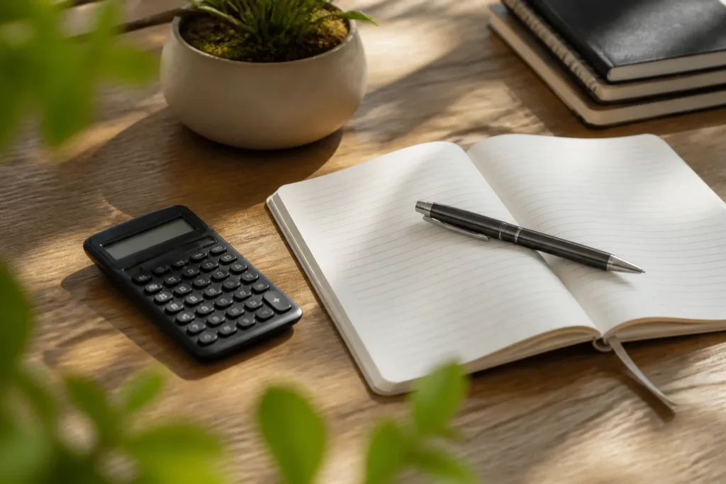 Calculatrice stylo et carnet ouvert sur bureau en bois