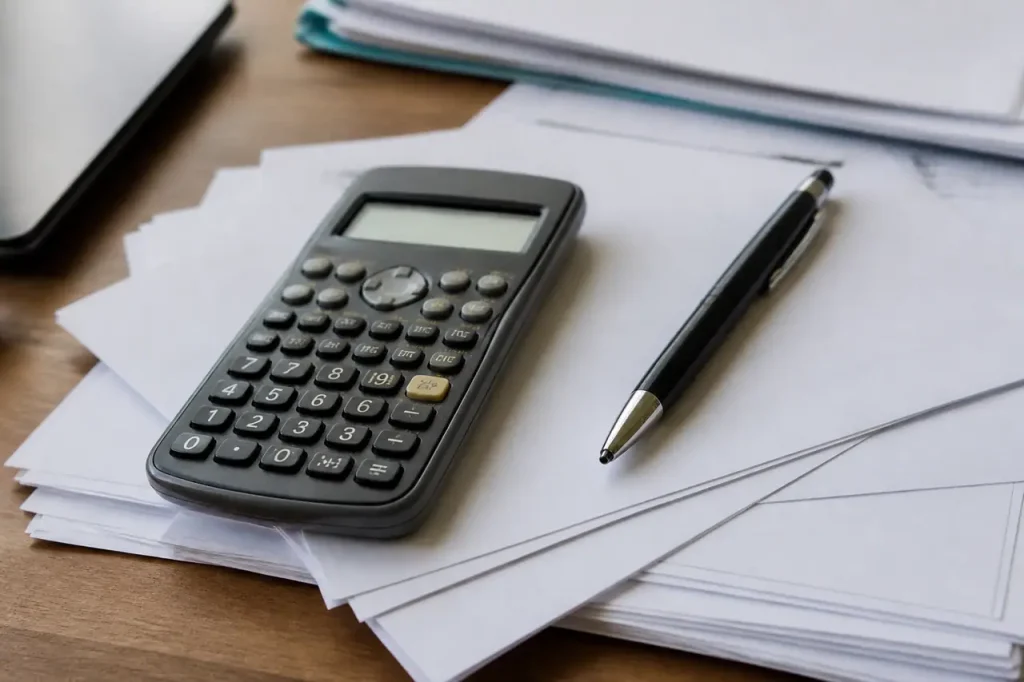 Calculatrice stylo et documents sur un bureau