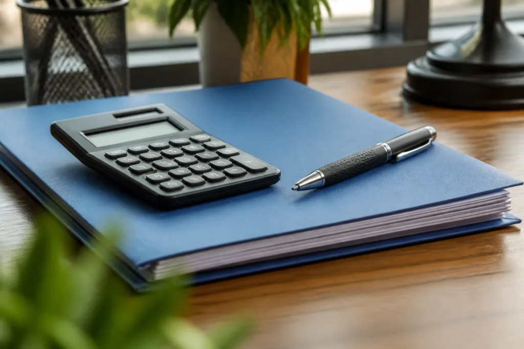 Calculatrice et stylo sur un dossier papier bleu