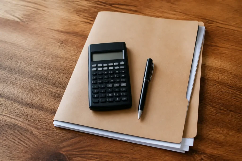 Calculatrice stylo et dossier papier sur bureau en bois