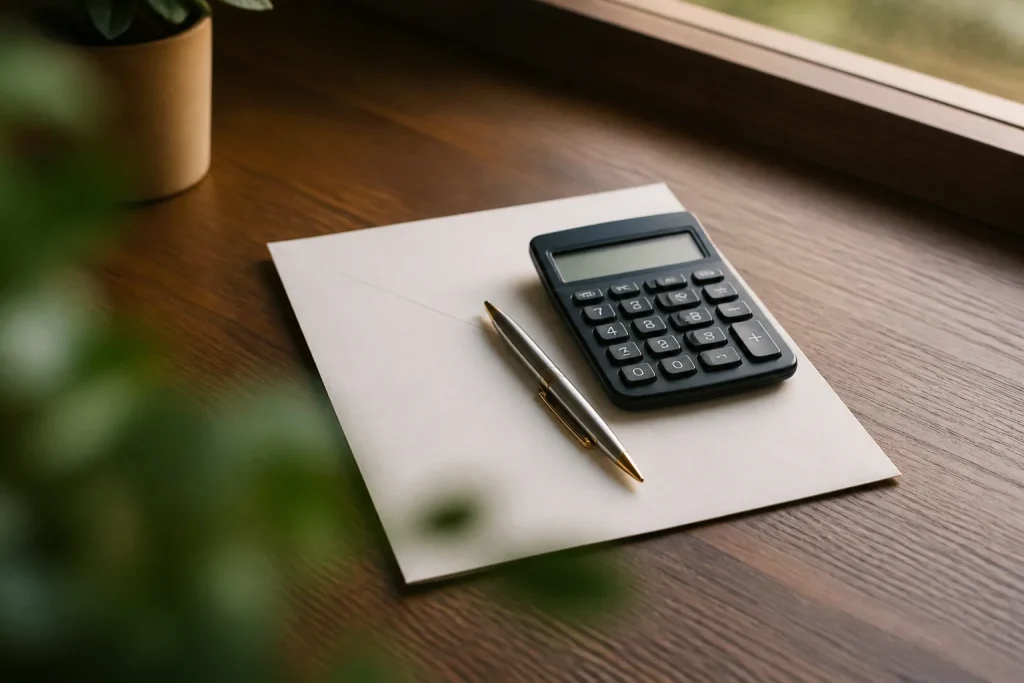 Calculette et stylo poses sur une lettre