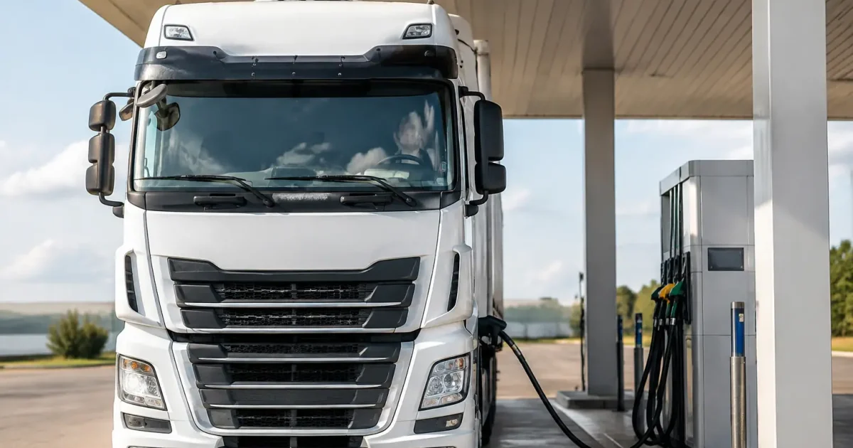 Camion routier de face faisant le plein au distributeur