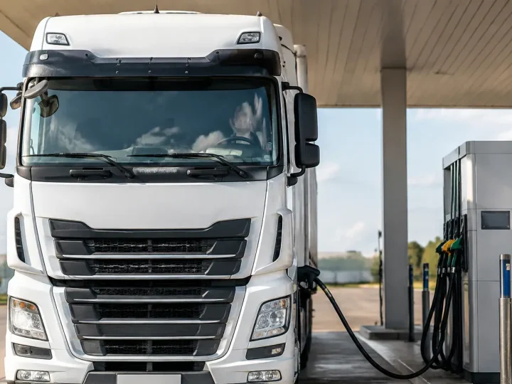 Camion routier de face faisant le plein au distributeur