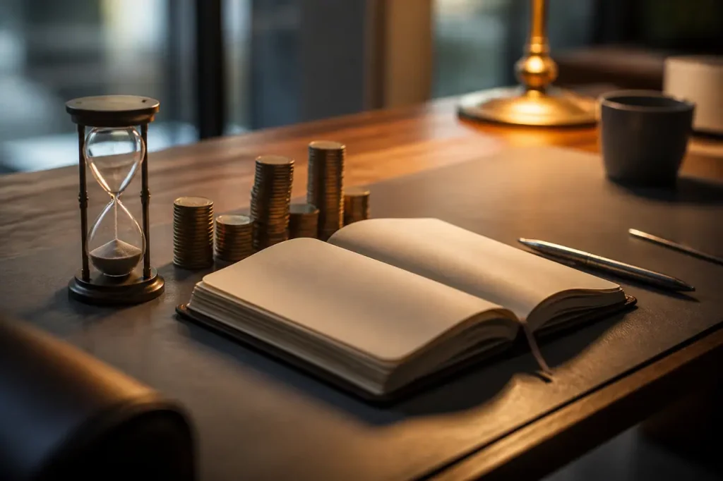 Carnet ouvert, pieces empilees et sablier sur bureau