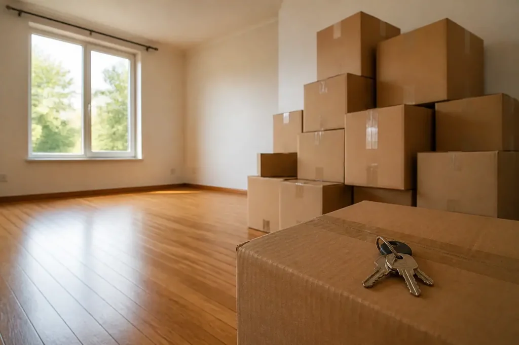 Cartons empiles dans un salon vide avec cles posees