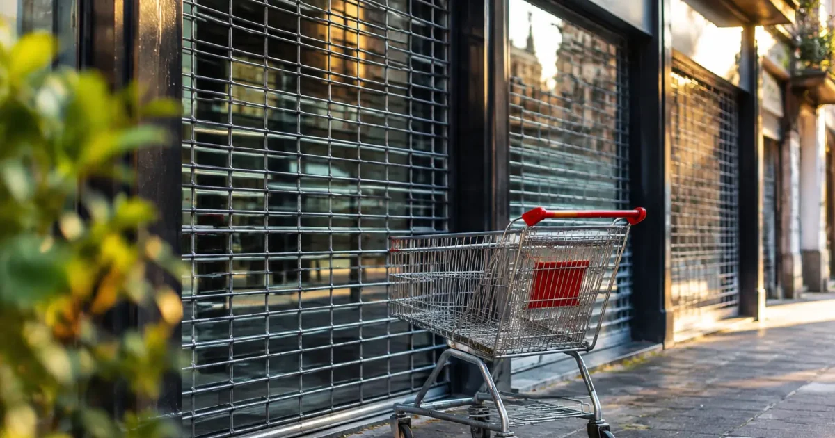 Chariot vide devant une vitrine de magasin fermee