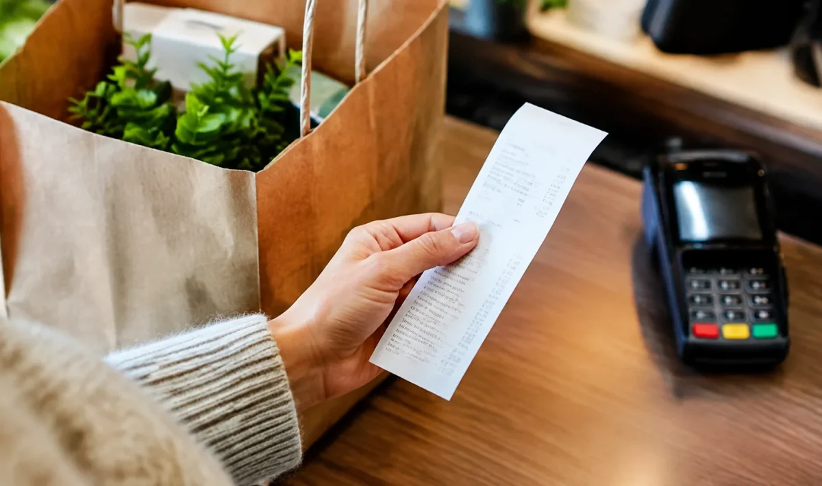 Cliente tient un bon achat pres de la caisse