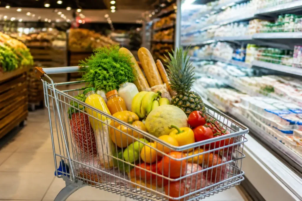 Clients poussant un chariot plein dans un supermarche lumineux