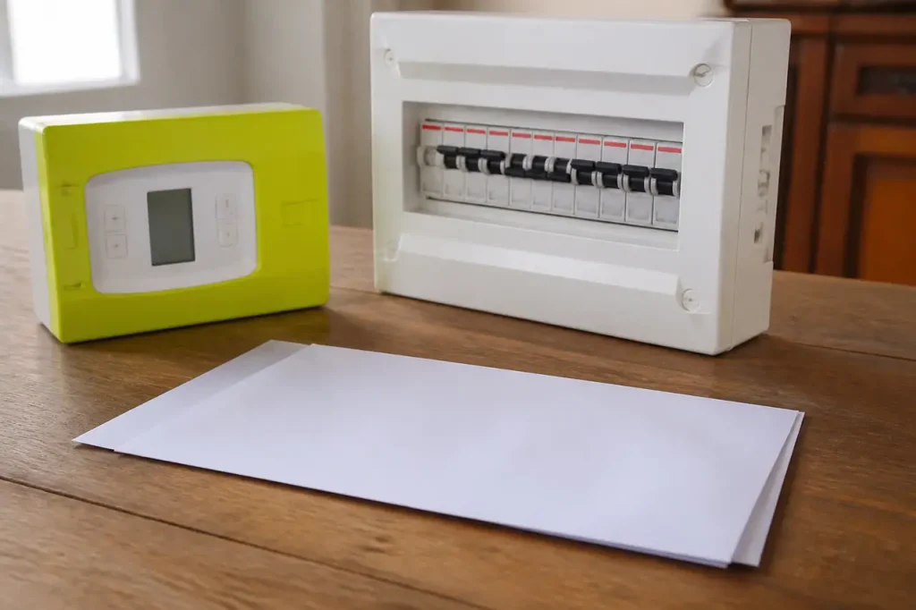 Compteur electrique disjoncteur facture posee sur table