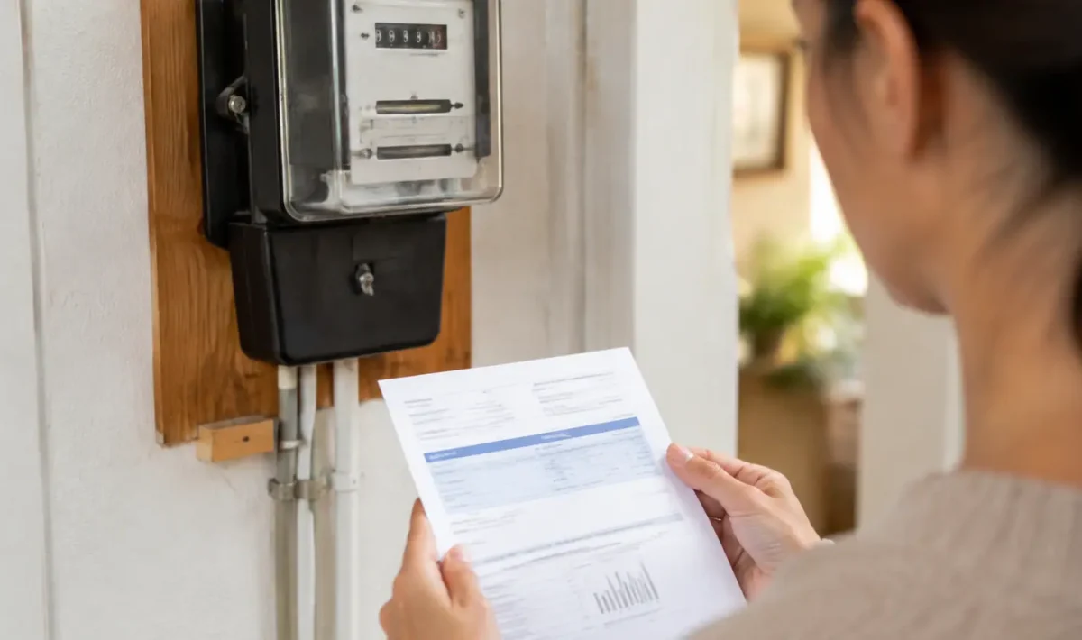 Compteur electrique fixe au mur pres d'une facture