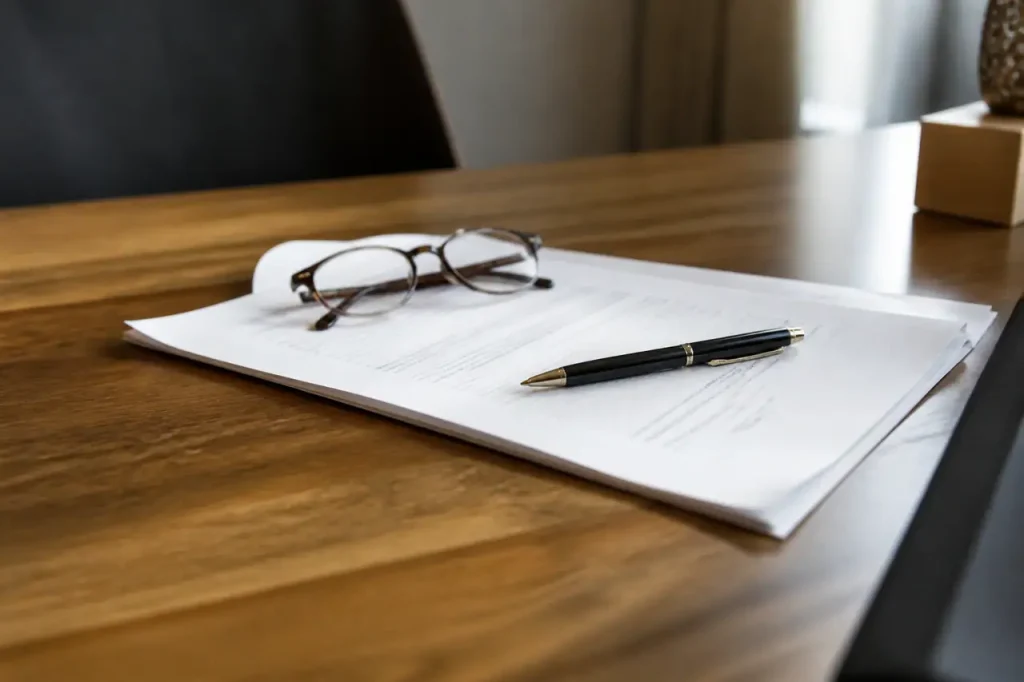 Contrat ouvert sur table avec stylo et lunettes
