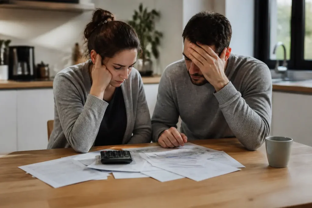 Couple assis devant des factures et une calculatrice