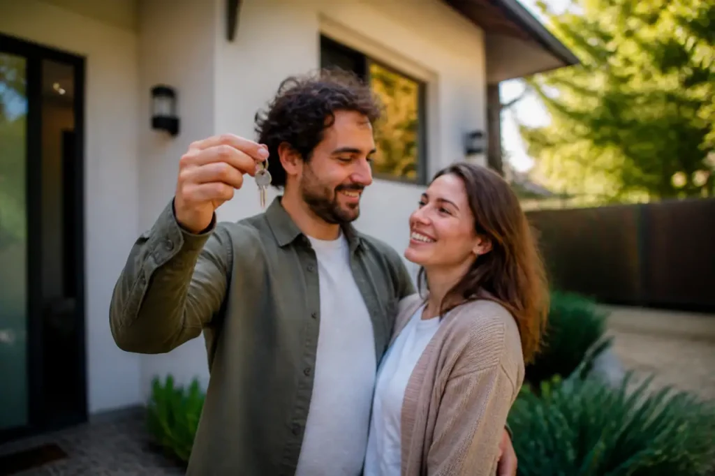 Couple devant maison avec jardin tenant des cles