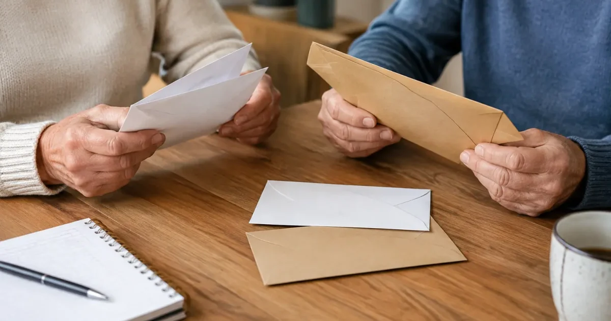 Deux seniors assis a une table comparant des enveloppes