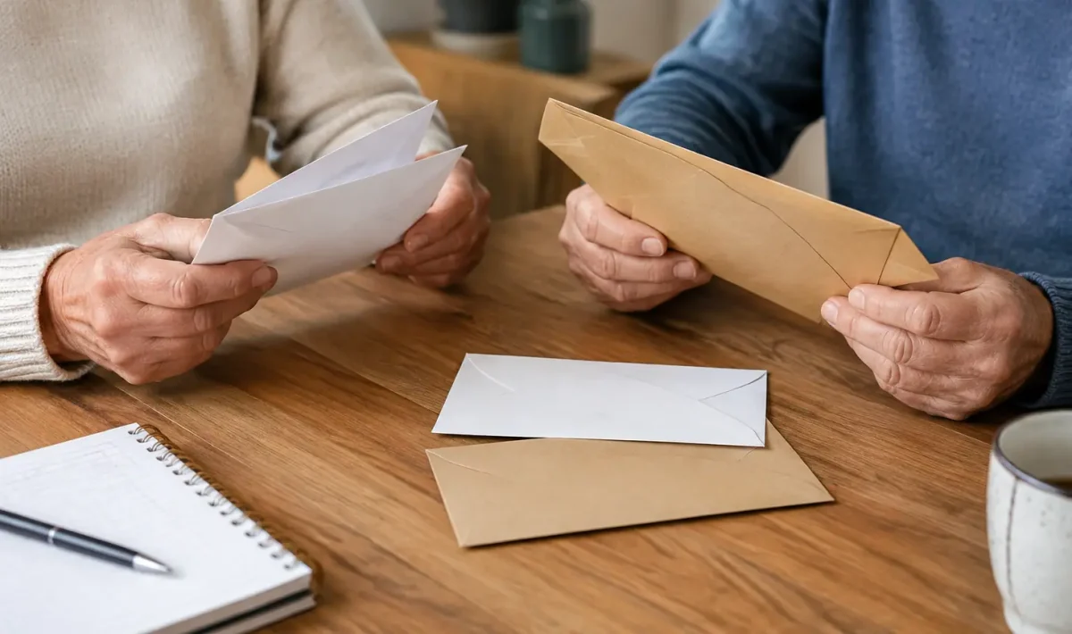 Deux seniors assis a une table comparant des enveloppes