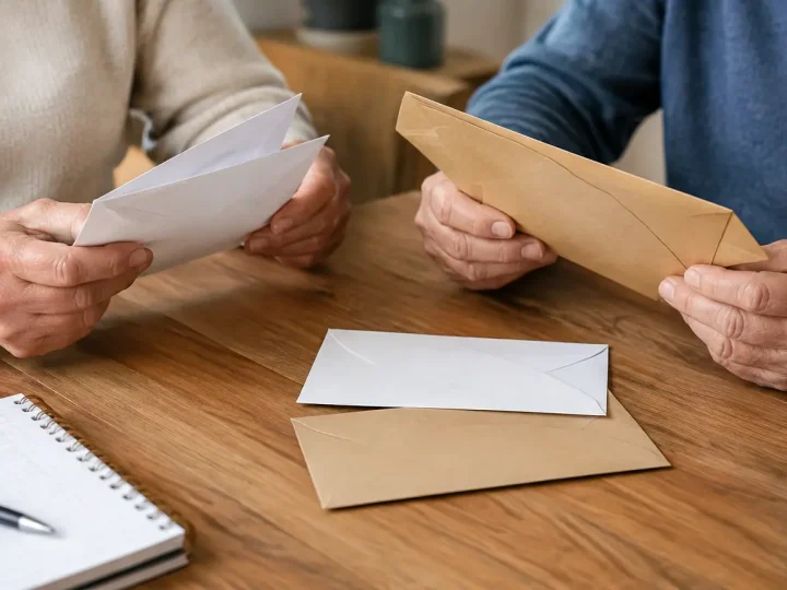 Deux seniors assis a une table comparant des enveloppes