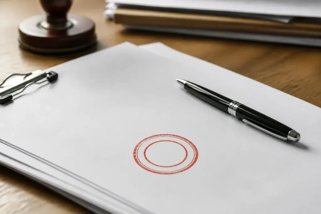 Document officiel avec tampon rouge et stylo sur bureau