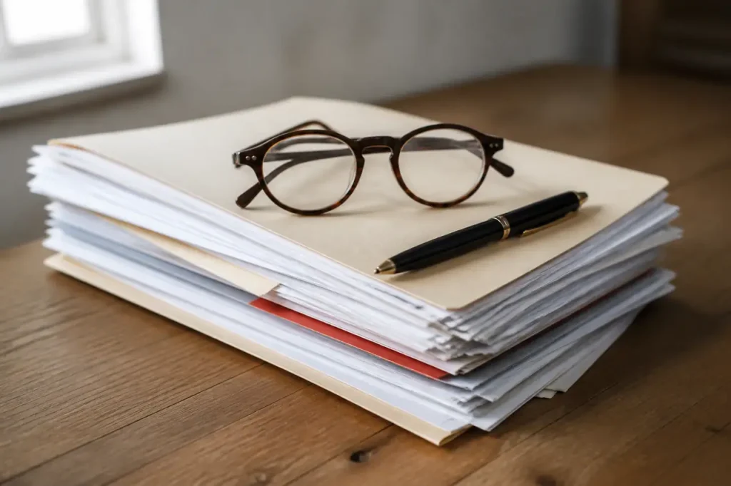 Documents administratifs sur table avec lunettes et stylo