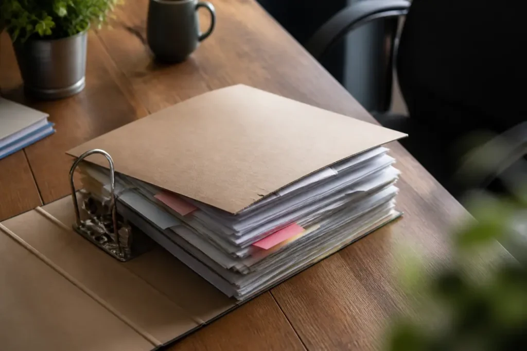Dossier administratif ouvert sur un bureau en bois