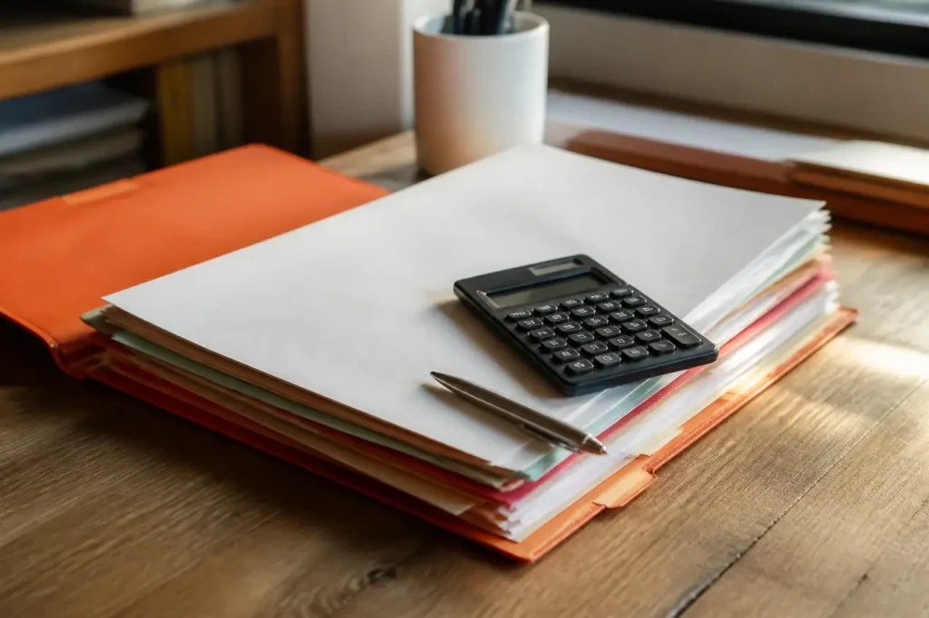 Dossier administratif ouvert avec calculatrice et stylo sur bureau
