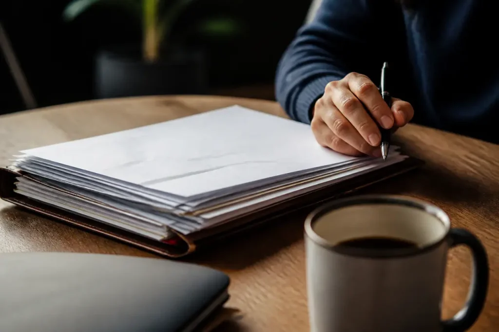 Dossier administratif ouvert, stylo et tasse de cafe